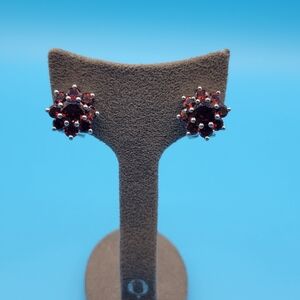 925 Sterling Silver Harold Trujillo Garnet Clip On/Pierced Flower Earrings